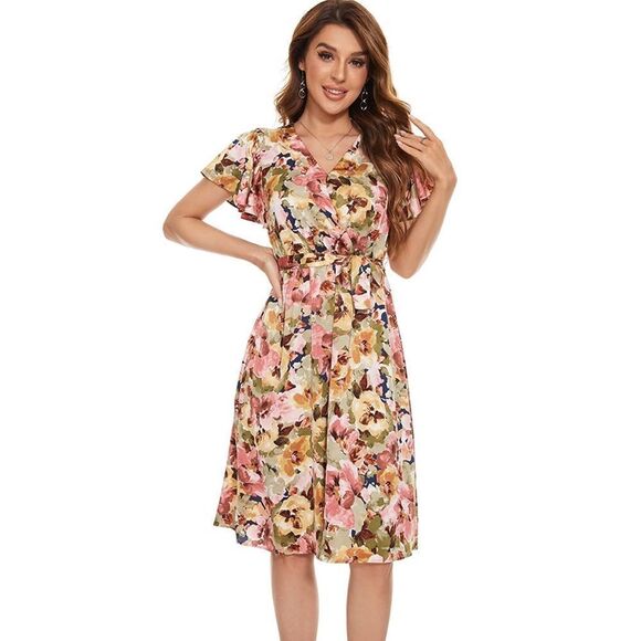 Women's Casual Dresses Short Sleeve V-Neck Short Party Dress Floral Flare Midi M - Picture 3 of 10